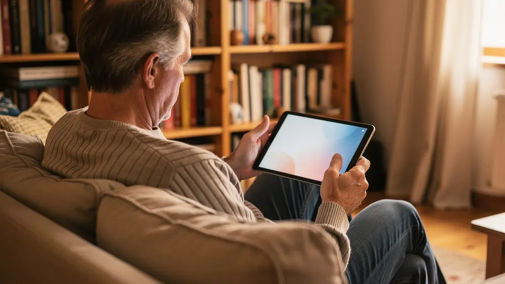 Personne consultant ses revenus freelance sur tablette dans son salon