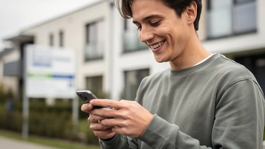 Personne consultant son smartphone devant un bien immobilier avec expression satisfaite