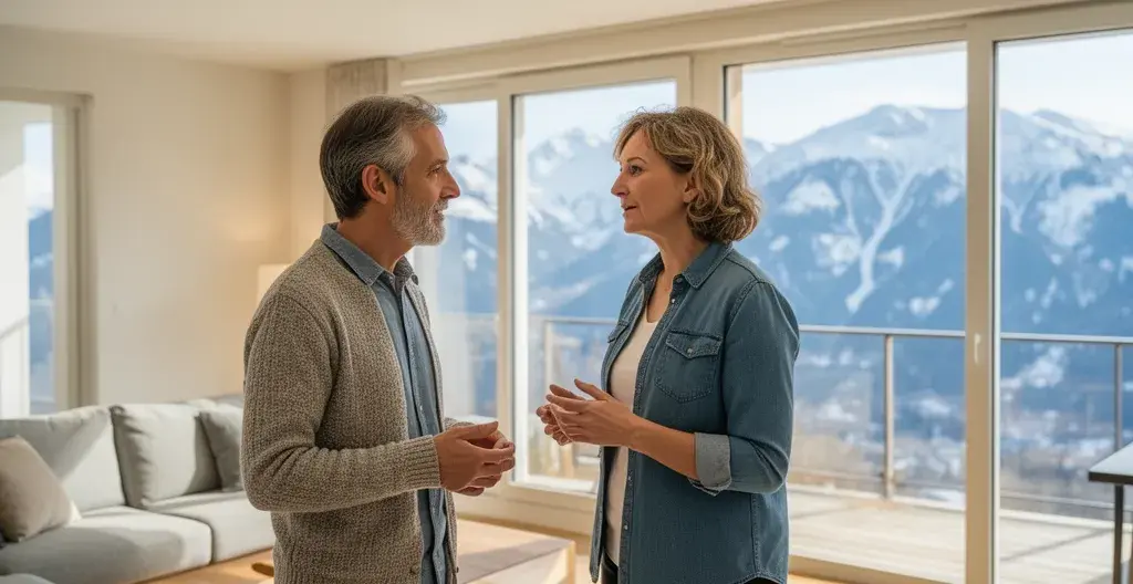 Couple visitant un appartement lumineux de montagne avec un agent immobilier